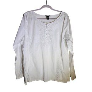 Eddie Bauer Womens White Long-Sleeve Embroidered Button-Front Shirt XL Cotton